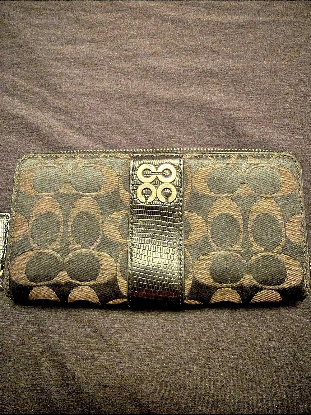 Coach Signature Jacquard Accordion Zip Around Wallet with Lizard-Embossed Trim